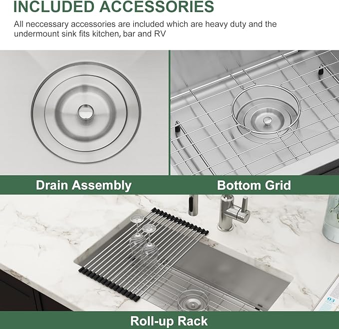 33 Inch Undermount Kitchen Sink 16 Gauge Stainless Steel Single Bowl Undermount Sinks Handmade Large Deep Round Corner Under Mount Sinks Basin, 33"x19"x9"