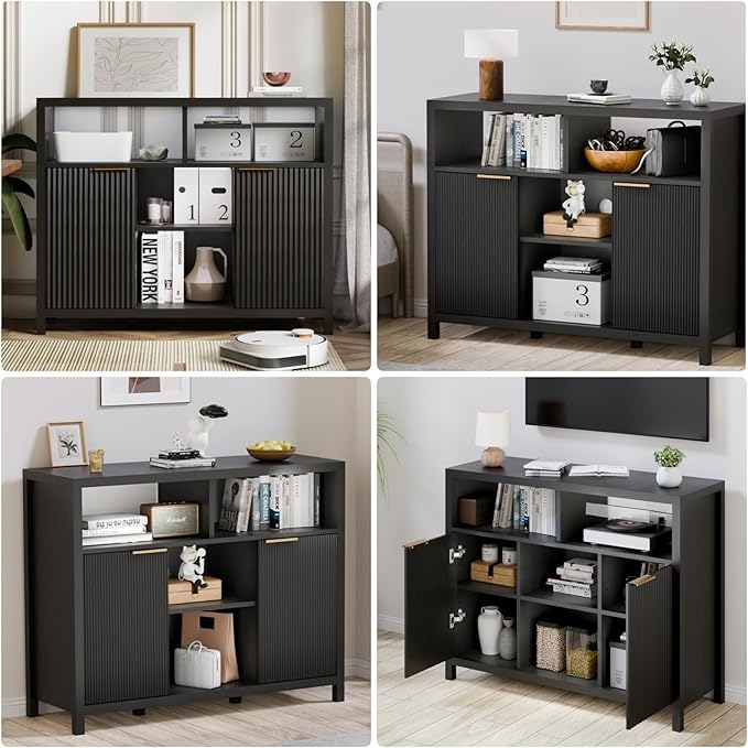 FONTOI Sideboard Buffet Cabinet, Thicken Wood Storage Cabinet with 4 Large Open Shelf, Farmhouse Cabinet with 2 Fluted Doors, Modern Accent Cabinet for Living Room, Kitchen, Entryway, Black