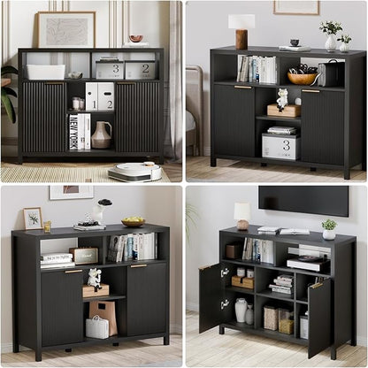 FONTOI Sideboard Buffet Cabinet, Thicken Wood Storage Cabinet with 4 Large Open Shelf, Farmhouse Cabinet with 2 Fluted Doors, Modern Accent Cabinet for Living Room, Kitchen, Entryway, Black