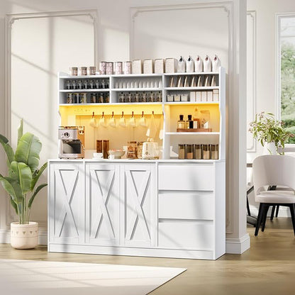 Loomie Farmhouse Sideboard Buffet Cabinet with Storage, 59" Kitchen Storage Cabinet with Power Outlet & LED Light, Coffee Bar w/Microwave Stand & Doors & Drawers & Hooks & Adjusted Shelves (White)