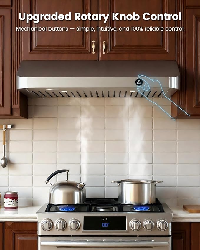 JOCO 30 Inch Under Cabinet Range Hood, 900 CFM Stainless Steel Kitchen Vent Hood, 4-Speed Knob Control C01-30K