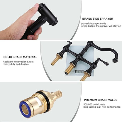 WOWOW Brass Kitchen Faucet with Side Sprayer, 8 Inch Centerset Bridge Faucet for Kitchen Sinks, 4 Hole Kitchen Faucet Bronze Vintage Farmhouse Kitchen Sink Faucet