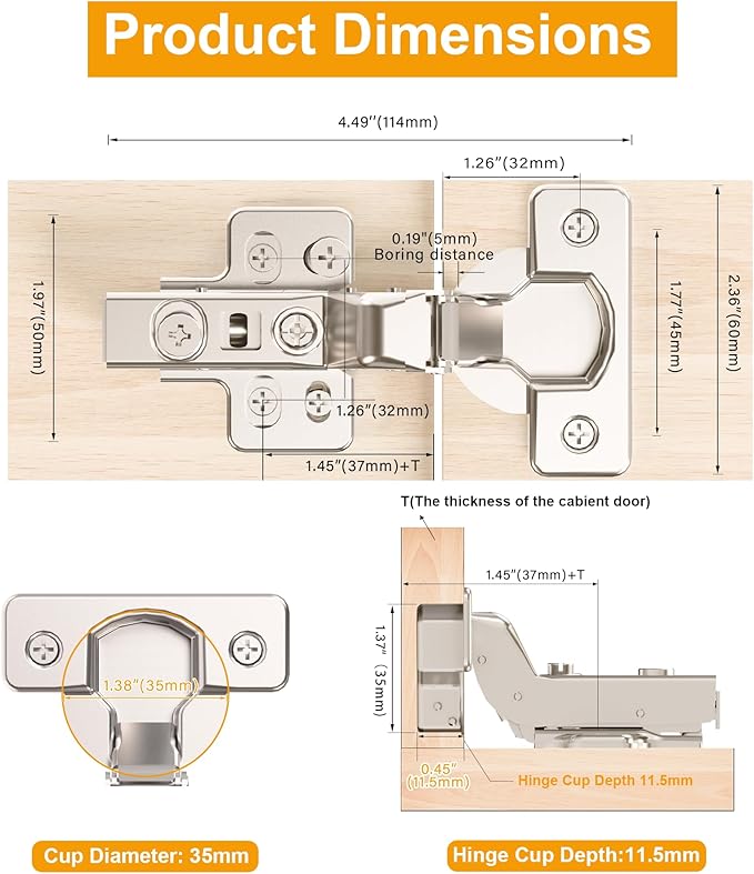 2 Pack Inset Soft Close Cabinet Hinges, Frameless European Kitchen Cabinet Hinges 35mm Cup Clip-On 3D Adjustment Concealed Cabinet Door Hinges Nickel Plated Finish