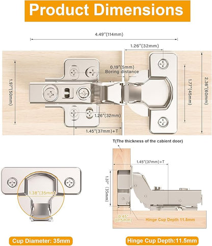 2 Pack Inset Soft Close Cabinet Hinges, Frameless European Kitchen Cabinet Hinges 35mm Cup Clip-On 3D Adjustment Concealed Cabinet Door Hinges Nickel Plated Finish