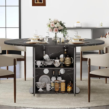 IBF Round Dining Table with Storage, Black Faux Marble Kitchen Tables for 4-6 People, 47" Modern Dining Room Tables with Fridge Space, Wood Circle Dinner Table for Home, Black Marble, Only Table