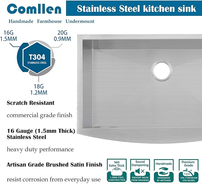 Comllen Commercial 33 Inch 304 Stainless Steel Farmhouse Sink, Single Bowl Kitchen Sinks 16 Gauge 9 Inch Deep Handmade Undermount Farm Apron Front Kitchen Sink