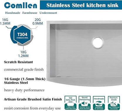 Comllen Commercial 33 Inch 304 Stainless Steel Farmhouse Sink, Single Bowl Kitchen Sinks 16 Gauge 9 Inch Deep Handmade Undermount Farm Apron Front Kitchen Sink