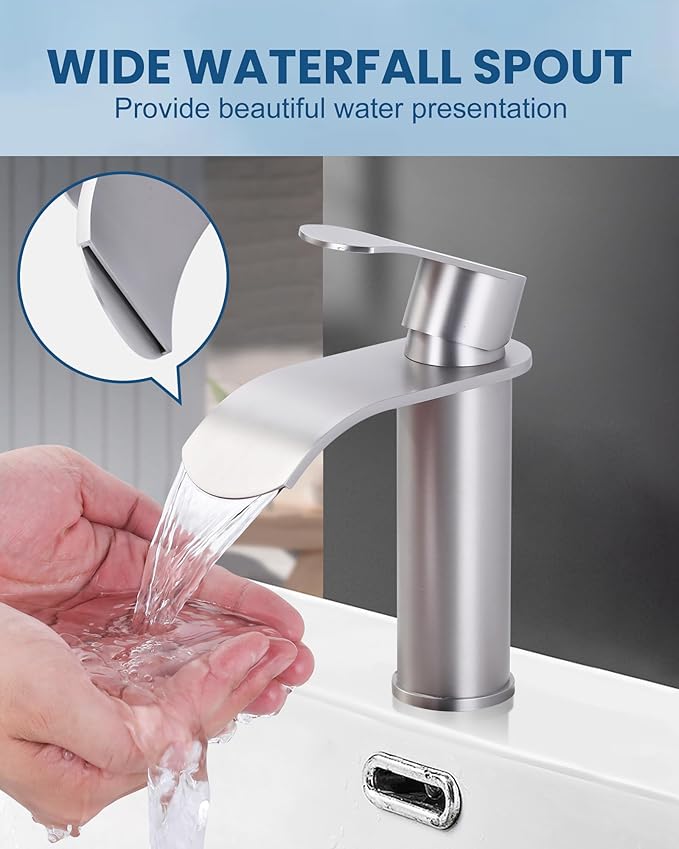 WOWOW Brushed Nickel Bathroom Faucet:Single Hole Waterfall Bathroom Faucets Sink with cUPC Supply Lines and Pop Up Drain,Modern Single Handle Bathroom Faucet 1 Hole for Countertop,Bathroom Sink Faucet