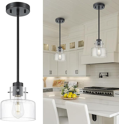 Matte Black Pendant Lights Kitchen Island, 6" Pendant Light Fixtures Over Island with Clear Glass Shade, Modern Kitchen Island Lighting for Dining Room Entryway, PL124-MB-G-1PK