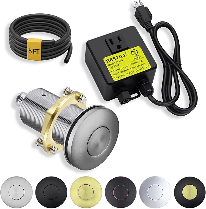 BESTILL Garbage Disposal Button - All Metal Brushed Nickel Air Switch for Garbage Disposals, Sink Top Push Button for Waste Disposer, Solid Brass Long Air On/Off Button Kit, UL Listed