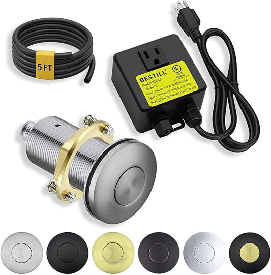 BESTILL Garbage Disposal Button - All Metal Brushed Nickel Air Switch for Garbage Disposals, Sink Top Push Button for Waste Disposer, Solid Brass Long Air On/Off Button Kit, UL Listed