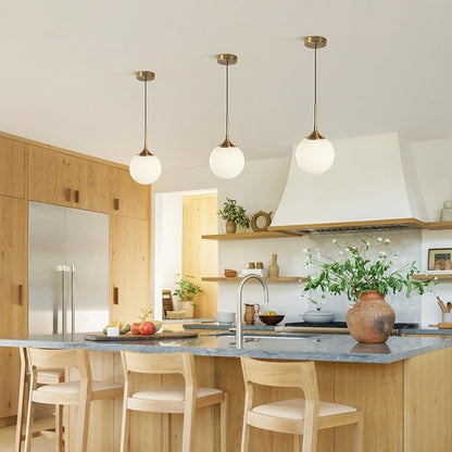 KCO Lighting 7” Small Milk Glass Pendant Light Gold Globe Kitchen Pendant Lights Vintage White Glass Hanging Light Fixture Mid Century Modern Dining Room Ceiling Light Fixture (2 Pack)