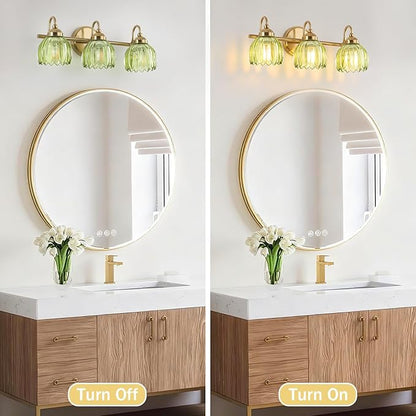 Vintage Bathroom Light Fixtures, Brass Vanity Lights with Green Tulip Glass Shade, Vanity Sconces for Bathroom Bedroom Living Room Hallway, 3-Light