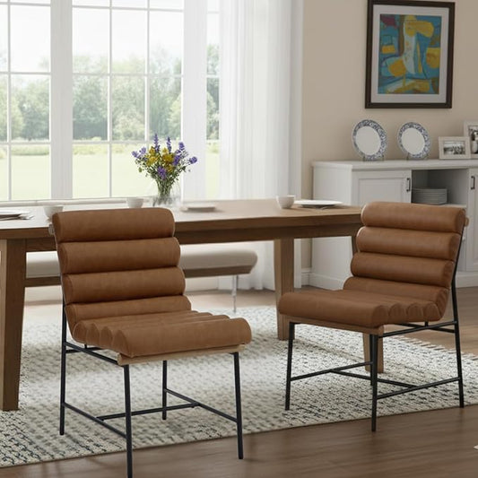 Modern Upholstered Dining Chairs Set of 2, Brown PU Leather Dining Room Chairs with Tufted Back & Cushion, Comfy Armless Kitchen Chairs with Black Metal Legs for Dinner Living Room