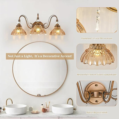 Vintage Bathroom Vanity Light, 3-Light Matte Antique Brass Finish Wall Sconce with Hanging Crystal Accents and Flower-Shaped Amber Glass Shades, Retro Wall Mount Vanity Light Over Mirror for Bathroom