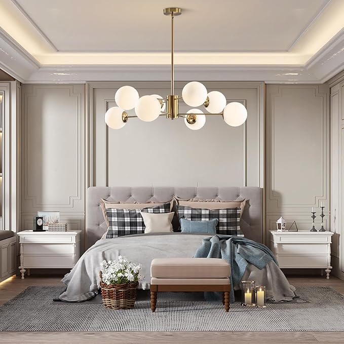 BOKT 8-Lights Large Gold Globe Chandelier Mid Century Modern Sputnik Light Fixture Brushed Brass Chandelier Ceiling Light White Glass Ball Sputnik Pendant Light