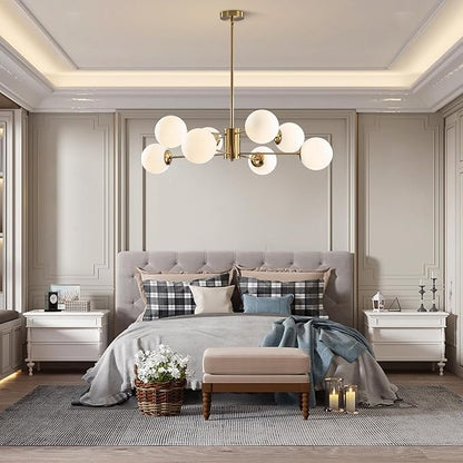 BOKT 8-Lights Large Gold Globe Chandelier Mid Century Modern Sputnik Light Fixture Brushed Brass Chandelier Ceiling Light White Glass Ball Sputnik Pendant Light