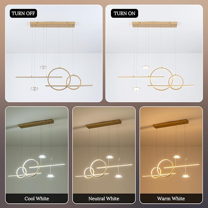 Modern Gold LED Dining Room Light Fixture with Remote Control, 38.5" 38W 3-Color Temp Stepless Dimmable Island Pendant Lights, Hanging Adjustable Linear Chandelier for Kitchen Bar