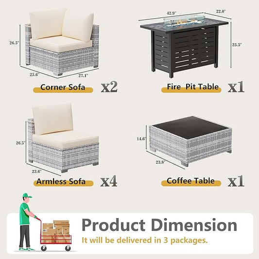 LOUVIXA 8 Piece Outdoor Patio Furniture Set, Outdoor Sectional Sofa with Firepit Table, Wicker Rattan Patio Furniture, Patio Conversation Set with Coffee Table & Cushions