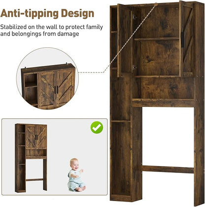 Over The Toilet Storage Cabinet with 7 Storage Shelves, Above Toilet Bathroom Organizer with Toilet Paper Holder Stand, Behind Toilet Cabinet, Space Saver for Restroom, Bathroom, Laundry, Brown
