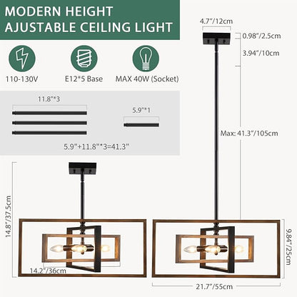 Farmhouse Chandelier, 5-Light Geometric Ceiling Light Fixture, 22" Adjustable Height Pendant Lighting for Living Room Foyer Entryway Dining Room Faux Walnut Grain