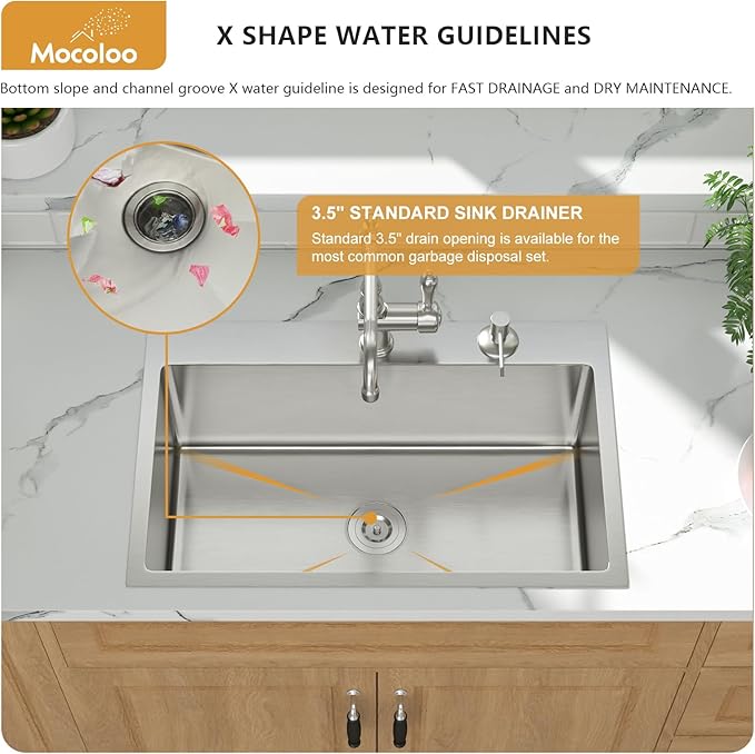 Mocoloo 28 Inch Drop In Kitchen Sink - 28 x 18 Stainless Steel Kitchen Sinks Topmount 16 Gauge Single Bowl Above Counter Handmade Sink, 10'' Deep Basin