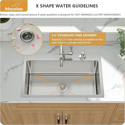 Mocoloo 28 Inch Drop In Kitchen Sink - 28 x 18 Stainless Steel Kitchen Sinks Topmount 16 Gauge Single Bowl Above Counter Handmade Sink, 10'' Deep Basin