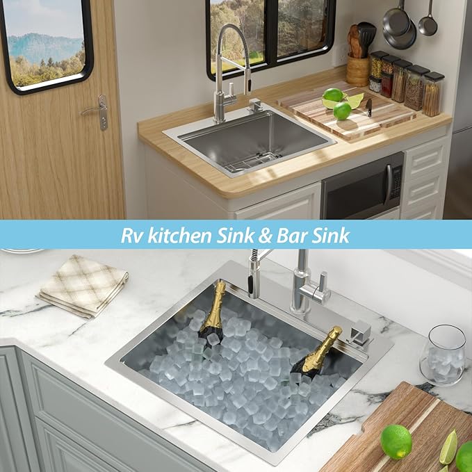 Kichae 21 Drop In Bar Sink- 21x20 Kitchen Sink Stainless Steel 16 Gauge Bar Prep Sinks Small Overmount Topmount Ledge Workstation Single Bowl Handmade Basin with Cutting Bowl