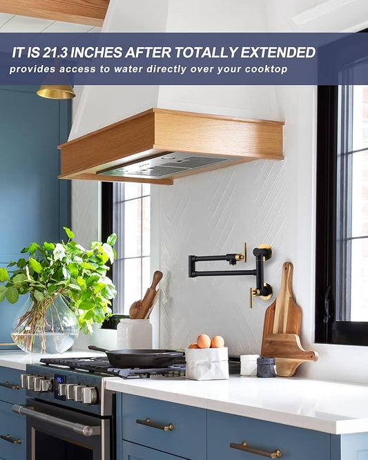 Pot Filler Faucet Black Gold: WOWOW Single Hole Wall Mount Stove Faucet, Solid Brass Pot Filler Two Attachment with Double Joint Swing Arms