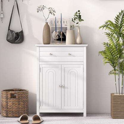 Tangkula White Bathroom Cabinet, Freestanding Wooden Storage Cabinet w/Large Drawer & Cabinet, 2 Doors, 3 Heights Adjustable Shelf, Bathroom Storage for Living Room Kitchen (White)