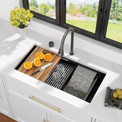 Kichae 33" Undermount Waterfall Kitchen Sink - 33x17 Black Undermount Sink Ledge Workstation 16 Gauge Stainless Steel Deep Single Bowl Under Counter Handmade Basin with Faucet Combo & Wash Basin