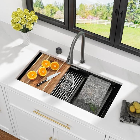 Kichae 33" Undermount Waterfall Kitchen Sink - 33x17 Black Undermount Sink Ledge Workstation 16 Gauge Stainless Steel Deep Single Bowl Under Counter Handmade Basin with Faucet Combo & Wash Basin