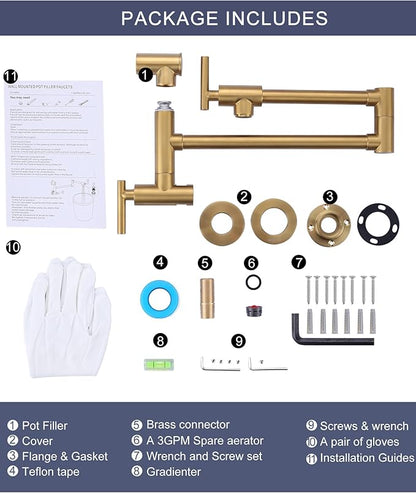 WOWOW Gold Pot Filler Faucet: Single Hole Wall Mount Stove Faucet, Brass Pot Filler Two Attachment with Double Joint Swing Arms