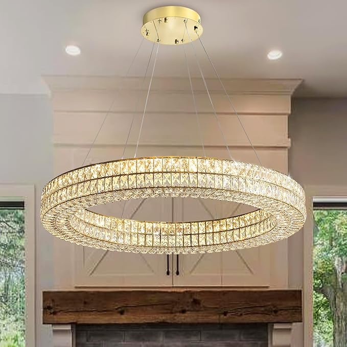 Led Ring Crystal Chandelier for Living Room, Modern Dimmable Chandeliers Lighting and Hanging Adjustable, LED Round Ceiling Chandelier for Dining Room (40inch,Gold)