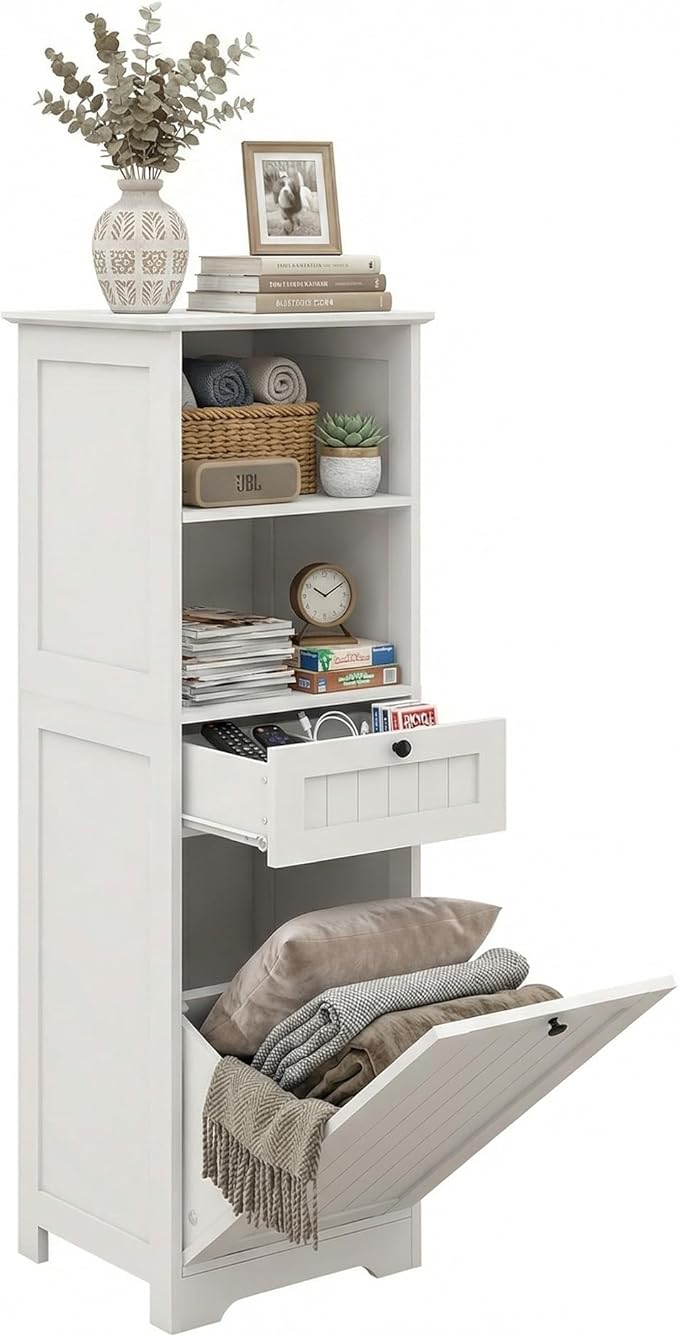 Casaphoria 55 Inch Tall Laundry Sorter Cabinet, Narrow Bathroom Storage Cabinet with Tilt-Out Hamper and Drawer, Freestanding Space-Saving Organizer for Laundry Room, White