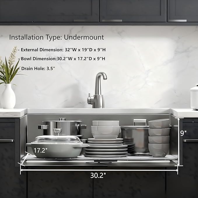 32" x 19" x 9" Kitchen Sink Undermount, S304 Stainless Steel Kitchen Sinks Handmade Modern Single Bowl with Bottom Grid & Drain Assembly