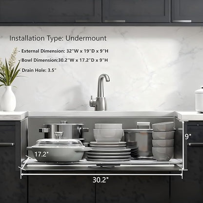 32" x 19" x 9" Kitchen Sink Undermount, S304 Stainless Steel Kitchen Sinks Handmade Modern Single Bowl with Bottom Grid & Drain Assembly