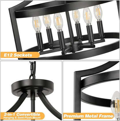 LynPon 6 Lights Large Modern Farmhouse Chandelier, 19" Convertible Semi Flush Mount Ceiling Light Fixture Hanging Light Rustic Round Cage Black Chandelier for Foyer Dining Room Kitchen Entryway