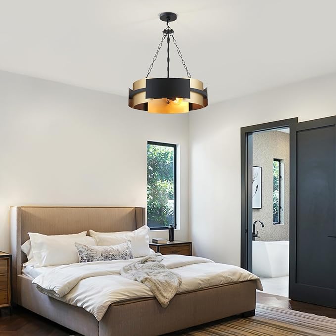Modern Chandelier 19.7" Industrial Hanging Light Fixture Black and Gold 4-Light Large Drum Pendant Lighting for Dining Room Kitchen Island Office Living Room