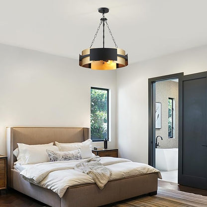 Modern Chandelier 19.7" Industrial Hanging Light Fixture Black and Gold 4-Light Large Drum Pendant Lighting for Dining Room Kitchen Island Office Living Room