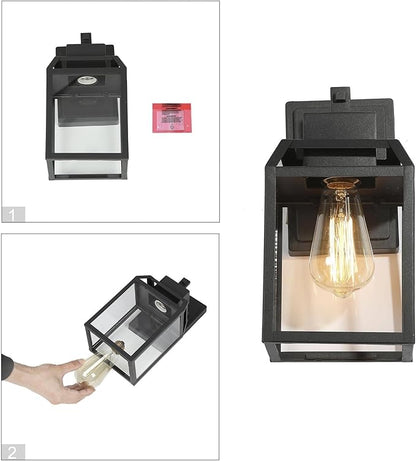 Black Outdoor Wall Lights, Farmhouse Exterior Wall Sconces Light Fixture with Clear Glass, Modern Square Waterproof Lanterns for Front Door, Entry, Porch, Patio, and Gazebo