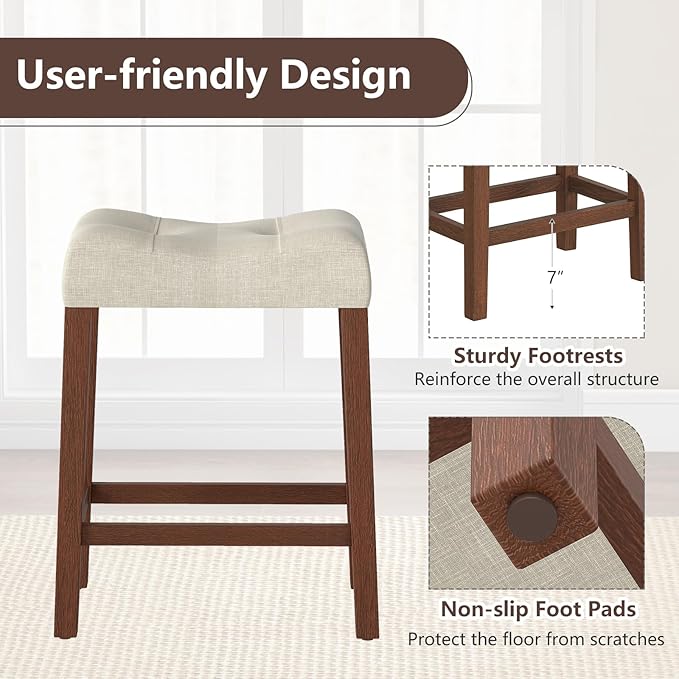 Giantex 24" Bar Stools Set of 4, Upholstered Counter Height Saddle Bar Stools with Footrest and Wood Legs, Farmhouse Button Tufted Backless Barstools for Kitchen Island, Dining Room, Cafe, Beige+Brown