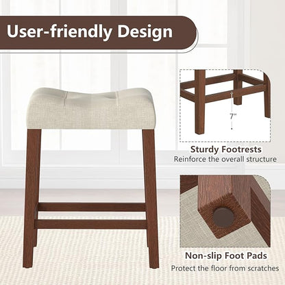 Giantex 24" Bar Stools Set of 4, Upholstered Counter Height Saddle Bar Stools with Footrest and Wood Legs, Farmhouse Button Tufted Backless Barstools for Kitchen Island, Dining Room, Cafe, Beige+Brown