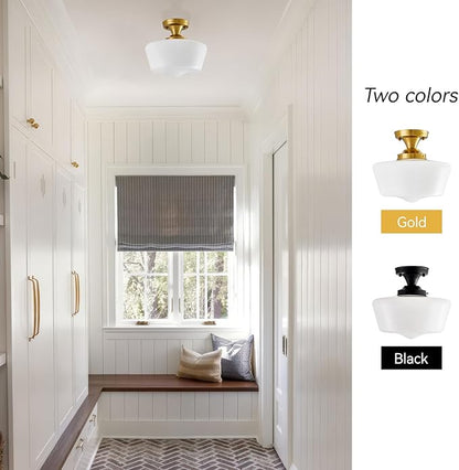 youngrender Schoolhouse Light Fixture Modern Gold Ceiling Light,Semi Flush Mount Ceiling Light,12''Wide Opal Milk Glass Shade,Brass Vintage Light for Farmhouse Bedroom Kitchen Hallway Entryway