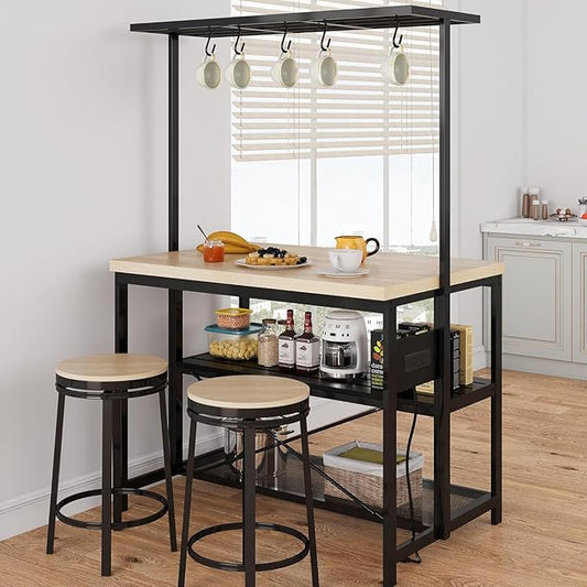 IDEALHOUSE 47" Kitchen Island with Power Outlet - 3-Tier Bakers Rack & Microwave Stand, Metal Coffee Bar Table for Kitchen, Dining & Living Room, Large Mobile Storage Cart