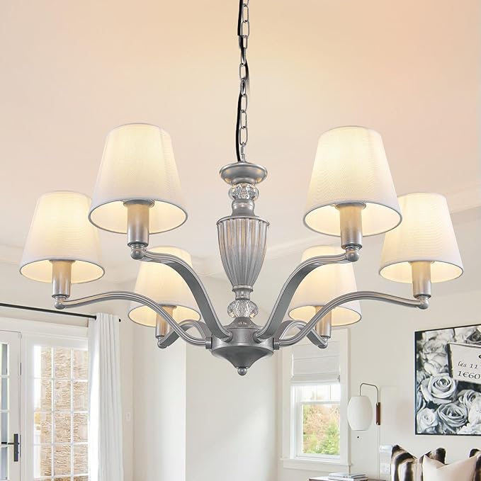 WJShome 29" Farmhouse Chandelier, 6-Light Dining Room Light Fixture/Chandelier Over Table, Rustic Vintage Kitchen Island Lighting, Modern Silver Hanging Pendant Lights for Living Room, Bedroom, Foyer