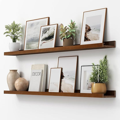 FLYJOE Picture Ledge Shelf, Floating Shelves Set of 2, Solid Ash Wood 56'' Long Large Nursery Book Shelves for Toys Storage, Kids Bookshelf for Living Room Bedroom Decor Books Photo Frames, Walnut