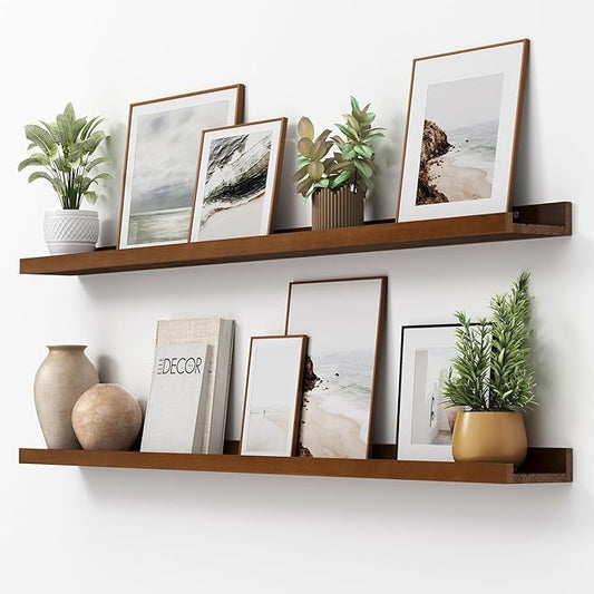 FLYJOE Picture Ledge Shelf, Floating Shelves Set of 2, Solid Pine Wood 55'' Long Large Nursery Book Shelves for Toys Storage, Kids Bookshelf for Living Room Bedroom Decor Books Photo Frames, Walnut