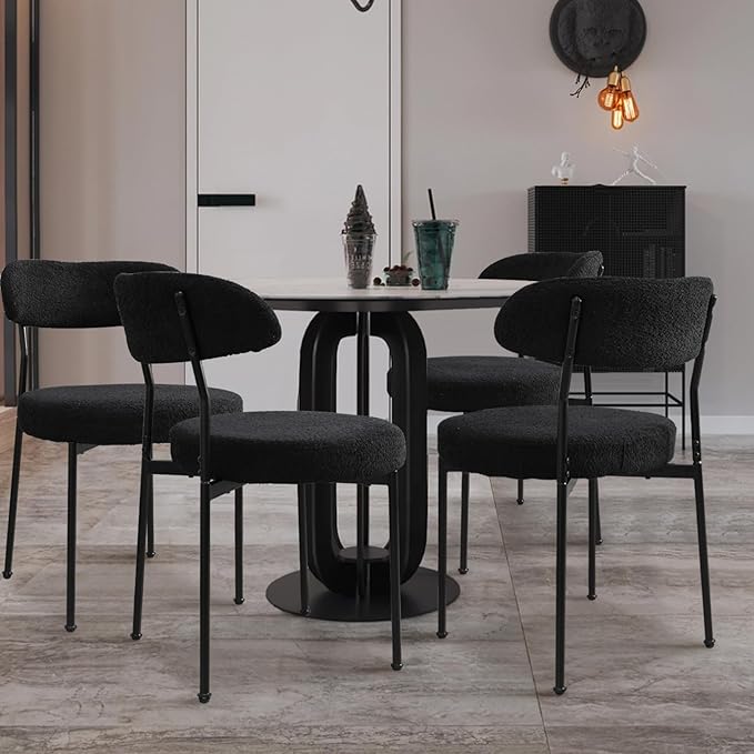 Black Boucle Dining Chair Set of 4, Modern Oval Upholstered Dining Chairs with Curved Back and Metal Leg for Dining Room,Restaurant,Kitchen Island(Black Leg)