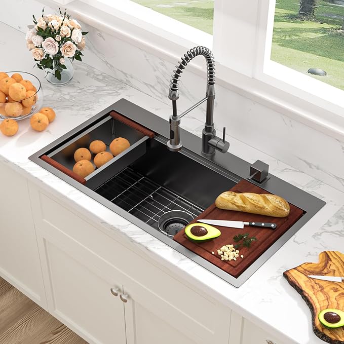 Sarlai 36 Inch Black Drop In Kitchen Sink Workstation - 36x19 Drop In Kitchen Sink Black Stainless Steel Topmount Workstation Sink 16 Gauge Deep Single Bowl Top-mount Kitchen Sink